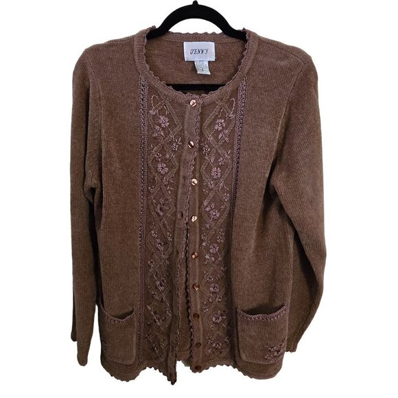 Jenny Vintage Light Brown Embroidered Grandma Cardigan Sweater Size S - Picture 1 of 7